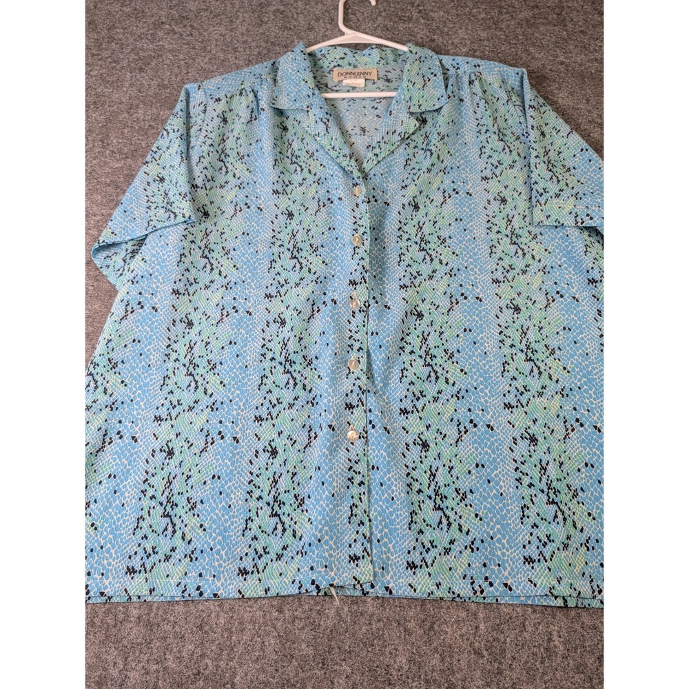 Donnkenny Woman Blue Snakeskin Print Button Down Blouse Shoulder Pads 2X 543627R